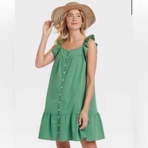 Univeral Thread green babydoll ruffle button down dress sz S prairie cottagecore